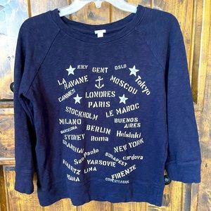 J. CREW Navy Blue White Soft Light Weight Long Sleeve Nautical Top City Names S